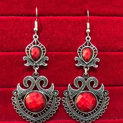 Indian Kashmiri Oxidized Jhumki Mugal Silver Plated Afghani Earring Red - B02