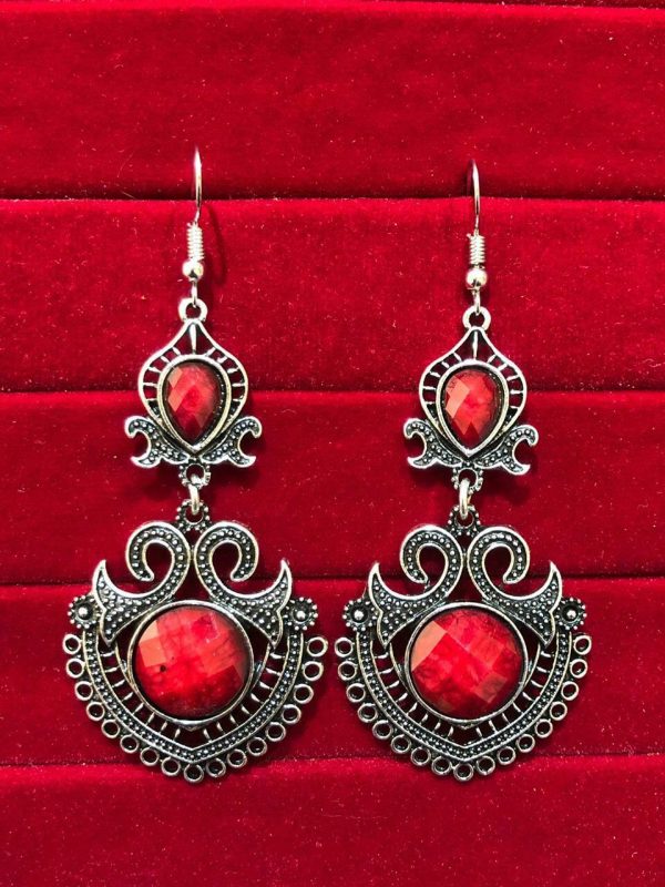 Indian Kashmiri Oxidized Jhumki Mugal Silver Plated Afghani Earring Red - B02