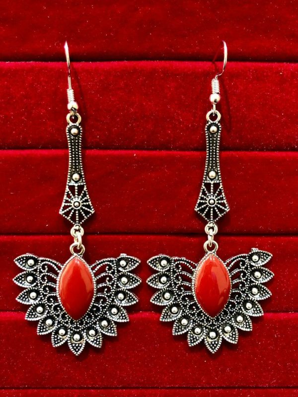 Indian Kashmiri Oxidized Jhumki Mugal Silver Plated Afghani Earring Red LN B02