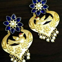 Bird Shape Bollywood Gold Plated Blue Stone White Pearl Oxidized Jhumki Earring