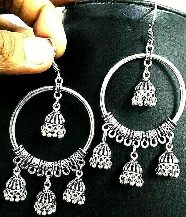 Ethnic Style Classy Jhumki Bollywood Oxidized Drop Hook Partywear Silver Earring