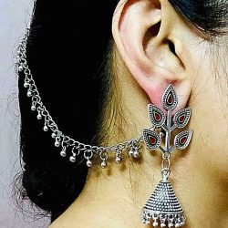 Oxidized Red Silver Plated Afgani Indian Drop / Dongle Earrings with Chain