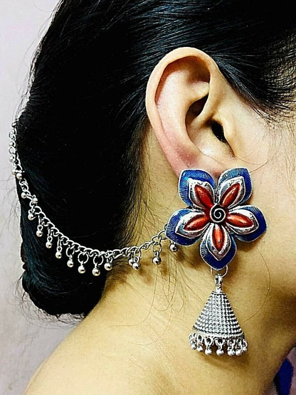 Flower Blue Red Silver Oxidized Plated Drop / Dongle Earrings with Chain Afghani