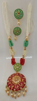 Multi Color Green Indian Long Necklace Set Gold Plated Bridal Pearl Mala Set