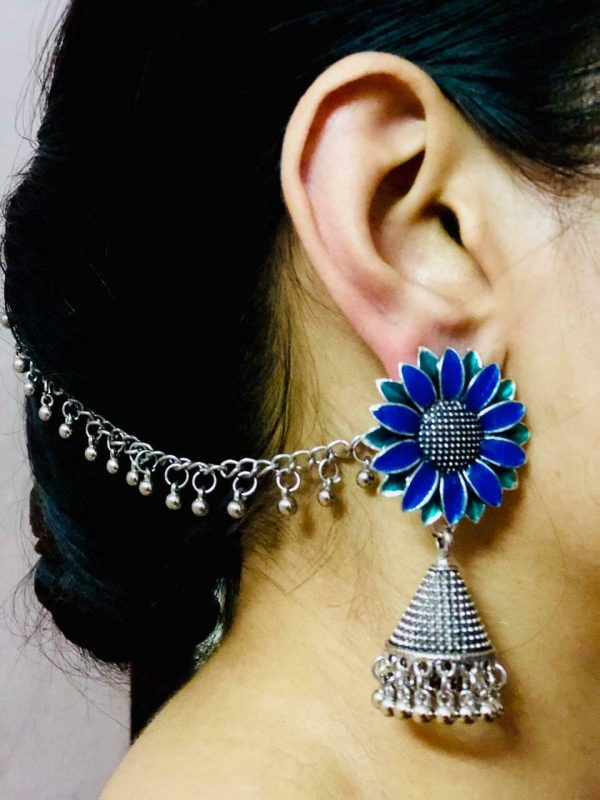 Afghani Tribal Blue Green Silver Oxidized Plated Drop Dongle Earring + Ear Chain