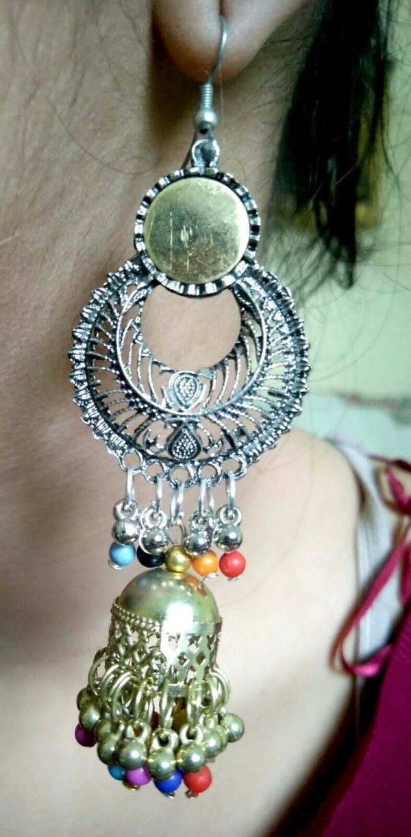 Dual Tone Bollywood Antique Indian Kashmir Oxidized Jhumka Mughal Jhumki Beads