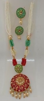 Multi Color Green Indian Long Necklace Set Gold Plated Bridal Pearl Mala Set