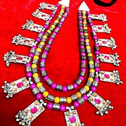 Bollywood Antique Pink Orange Silver Plated Oxidized 3 Line Big Necklace