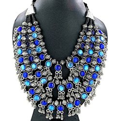 Bollywood Antique Traditional Silver Oxidized Plated Blue 3 Line Stone Necklace