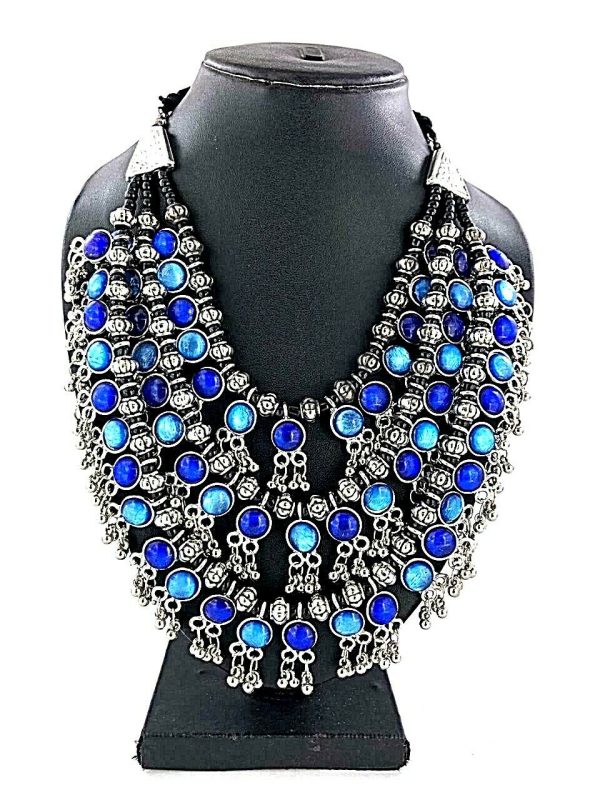 Bollywood Antique Traditional Silver Oxidized Plated Blue 3 Line Stone Necklace