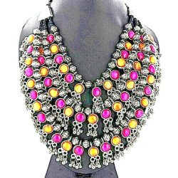 Bollywood Antique Yellow Magenta Silver Oxidized Plated 3 Line Stone Necklace