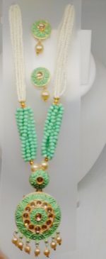Indian Long Green Necklace Set Gold Plated Bridal Pearl Mala Set Multi - D19