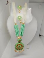 Indian Long Green Necklace Set Gold Plated Bridal Pearl Mala Set Multi - D19