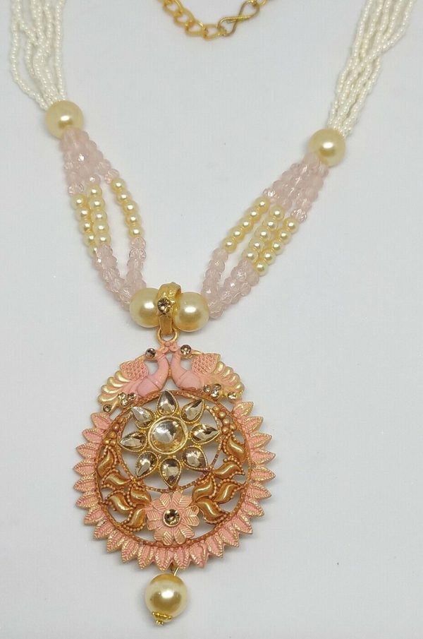 Light Pink Indian Long Necklace Set Gold Plated Bollywood Bridal Pearl Mala Set