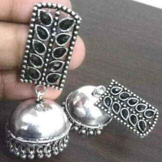 Cubic Zirconia Black Bollywood Silver Plated Oxidized Jhumki Earrings