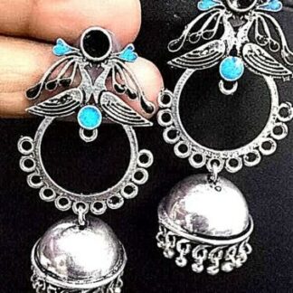 Blue Black Painted Silver Plated Oxidized Jhumki Earrings Drop / Dongle