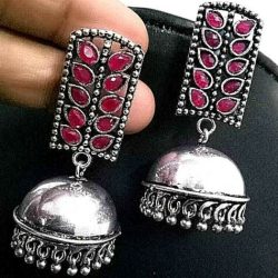 Long Magenta Stone Bollywood Silver Plated Oxidized Jhumki Earring Drop / Dongle