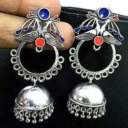 Traditional Bollywood Silver Plated Oxidized Jhumki Earring Blue Panted Peacock