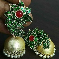 Red Green Dual Tone Bollywood Gold Plated Oxidized Jhumki Earrings White Pearl