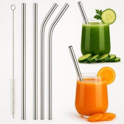 Reusable Stainless Steel Straws for Drinking with Brushes 8.5 Inches BPA-Free Metal, Thick, Long (2 Bent + 2 Straight +1 Brush)